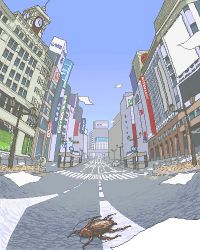 Rule 34 | blue sky, bug, building, chuuou (tokyo), city, clock, cloud, cockroach, day, fisheye, insect, jaggy lines, kasuga (kasuga39), lamppost, lowres, no humans, oekaki, original, pixel art, real world location, road, scenery, sky, tokyo (city)