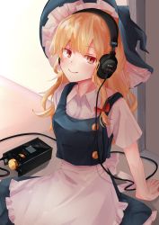 Rule 34 | 1girl, absurdres, apron, arm support, black hat, black skirt, black vest, blonde hair, buttons, closed mouth, frilled apron, frilled hat, frills, happy, hat, headphones, highres, kirisame marisa, long hair, looking at viewer, puffy short sleeves, puffy sleeves, shirt, short sleeves, sitting, skirt, smile, solo, sony, taguno, touhou, vest, waist apron, walkman, white apron, white shirt, witch, witch hat, yellow eyes