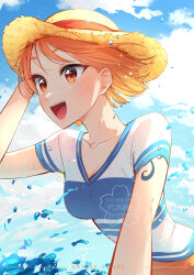 Rule 34 | 1girl, absurdres, artist name, birthday, blue shirt, blue sky, blush, breasts, brown skirt, cloud, cloudy sky, collarbone, commentary, english commentary, hand on headwear, hat, highres, looking to the side, medium breasts, nami (one piece), one piece, open mouth, orange eyes, orange hair, outdoors, shirt, short hair, short sleeves, shoulder tattoo, skirt, sky, smile, solo, straw hat, tattoo, teeth, twitter username, two-tone shirt, upper teeth only, v-neck, water, watermark, white shirt, yellow hat, yunre (yunreart)