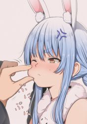 Rule 34 | 1girl, 1other, anger vein, animal ear fluff, animal ears, blue hair, blunt bangs, blush, brown eyes, cheek pinching, cheek pull, closed mouth, commentary request, hair ornament, highres, hololive, mame rakko, one eye closed, pinching, rabbit ears, rabbit girl, scarf, simple background, solo focus, thick eyebrows, upper body, usada pekora, usada pekora (1st costume), virtual youtuber, white background