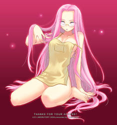 Rule 34 | 1girl, apron, barefoot, breasts, fate/stay night, fate (series), female focus, full body, glasses, gradient background, long hair, medusa (fate), medusa (rider) (fate), naked apron, pink eyes, pink hair, purple eyes, purple hair, sitting, solo, task owner, very long hair