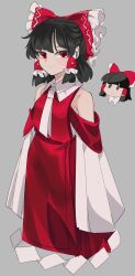 Rule 34 | 1girl, adapted costume, ascot, bare shoulders, black hair, bow, chamaruk, closed mouth, collar, frilled bow, frilled hair tubes, frills, grey background, hair bow, hair tubes, hakurei reimu, highres, nontraditional miko, red bow, red eyes, red shirt, red skirt, shide, shirt, short hair, sidelocks, simple background, skirt, skirt set, sleeveless, smile, solo, touhou, white ascot, white collar, wide sleeves