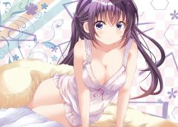 Rule 34 | 1girl, babydoll, bare arms, bed sheet, blanket, breasts, checkered background, cleavage, collarbone, commentary request, flower, frills, gochuumon wa usagi desu ka?, hexagon, highres, kohakugin, large breasts, long hair, looking at viewer, on bed, parted lips, patterned background, purple eyes, purple hair, sleepwear, solo, tedeza rize, thighs, twintails, white babydoll
