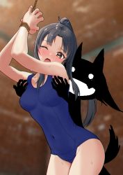 Rule 34 | 2girls, absurdres, black hair, blue one-piece swimsuit, blurry, bound, bound wrists, breasts, brown eyes, covered navel, cowboy shot, depth of field, hattori shizuka, highres, huge filesize, kuroniko, long hair, looking at viewer, looking to the side, medium breasts, miyafuji yoshika, multiple girls, one-piece swimsuit, one eye closed, ponytail, school uniform, silhouette demon, small breasts, strike witches, swimsuit, tears, tied up, world witches series