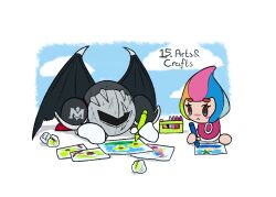 Rule 34 | 1boy, 1girl, armor, bat wings, blush stickers, child&#039;s drawing, crayon, crumpled paper, dark meta knight, elline (kirby), gloves, holding, holding crayon, kirby (series), multicolored hair, nintendo, pauldrons, shoulder armor, sol-lar-bink, sweat, white gloves, wings