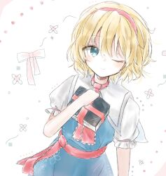 Rule 34 | 1girl, alice margatroid, blonde hair, blue dress, blue eyes, book, dress, headband, highres, holding, holding book, nnn x 7, one-hour drawing challenge, one eye closed, petals, pink headband, short hair, sketch, smile, solo, touhou, white background