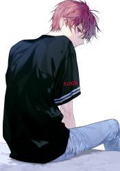 Rule 34 | 1boy, americano beans, americano exodus, back, black shirt, casual, denim, earrings, from behind, jeans, jewelry, light frown, looking at viewer, looking back, male focus, pants, purple eyes, red hair, shirt, short sleeves, sitting, solo, sukja, t-shirt, white background