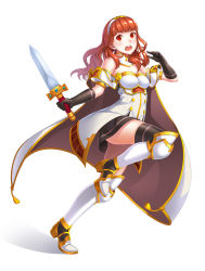 Rule 34 | 1girl, absurdres, arm guards, armor, black thighhighs, breastplate, cape, celica (fire emblem), detached collar, dress, earrings, fingerless gloves, fire emblem, fire emblem echoes: shadows of valentia, fire emblem gaiden, full body, gloves, hair ornament, highres, jewelry, long hair, nintendo, red armor, red eyes, red hair, simple background, solo, sword, thighhighs, tiara, weapon, white armor, yaxiya, zettai ryouiki
