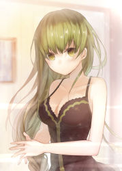 Rule 34 | 1girl, bare arms, black dress, blurry, blush, breasts, cecilia (shiro seijo to kuro bokushi), cleavage, collarbone, depth of field, dress, eyebrows, framed, green hair, hair between eyes, kazutake hazano, light particles, long hair, long sleeves, medium breasts, own hands together, picture frame, shiro seijo to kuro bokushi, sleeveless, sleeveless dress, solo, upper body, yellow eyes