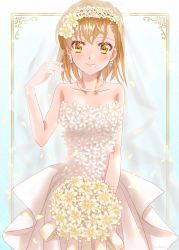 Rule 34 | 1girl, absurdres, ayuko (ayuko54bornthisway), bare arms, bouquet, bridal veil, brown hair, closed mouth, collarbone, dress, earrings, flower, framed, hair flower, hair ornament, highres, holding, holding bouquet, jewelry, looking at viewer, misaka mikoto, necklace, short hair, smile, solo, sparkle, standing, strapless, strapless dress, toaru kagaku no railgun, toaru majutsu no index, veil, wedding dress, white dress, white flower, yellow eyes