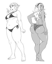 Rule 34 | 2girls, absurdres, ass, back, bare shoulders, belly, bikini, breasts, butt crack, cleavage, curvy, dark-skinned female, dark skin, elf-san wa yaserarenai., elfuda (elf-san wa yaserarenai.), flat color, full body, greyscale, hand on own hip, highres, hip focus, huge ass, kneepits, kuroeda (elf-san wa yaserarenai.), looking at viewer, looking back, medium breasts, mole, mole under eye, monochrome, multiple girls, plump, pointy ears, pyrosylphy, sideboob, simple background, sketch, standing, swimsuit, thick thighs, thighhighs, thighs, underboob, white background, wide hips