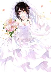 Rule 34 | 1girl, absurdres, bare shoulders, blush, bouquet, breasts, bridal veil, bride, cleavage, collarbone, commentary, cover, date a live, dress, earrings, elbow gloves, flower, gloves, hair ornament, highres, holding, huge filesize, jewelry, looking at viewer, medium breasts, necklace, official art, open mouth, petals, red eyes, simple background, smile, solo, tokisaki kurumi, tsunako, veil, wedding dress, white background, white dress, white gloves, yellow eyes
