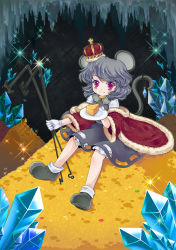 Rule 34 | 1girl, absurdres, animal ears, cheese, crown, dowsing rod, female focus, food, gloves, grey hair, highres, iris (artist), iris anemone, mouse ears, mouse tail, nazrin, red eyes, short hair, sitting, solo, tail, touhou, white gloves