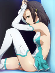 Rule 34 | 10s, 1girl, against wall, backless outfit, bare shoulders, breasts, brown hair, elbow gloves, gloves, hair up, hairu, halterneck, halterneck, high ponytail, kyouno madoka, leg up, legs, leotard, looking at viewer, lowres, mouth hold, profile, rinne no lagrange, short hair, sideboob, sitting, small breasts, solo, thighhighs, thighs, white thighhighs, yellow eyes