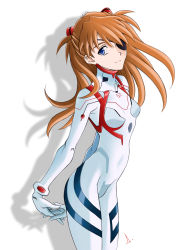 Rule 34 | 1girl, absurdres, artist request, blue eyes, bodysuit, breasts, brown hair, covered navel, cowboy shot, evangelion: 3.0+1.0 thrice upon a time, eyepatch, hair ornament, highres, interface headset, long hair, looking at viewer, looking to the side, neon genesis evangelion, plugsuit, rebuild of evangelion, simple background, skin tight, skinny, small breasts, smile, solo, souryuu asuka langley, third-party edit, two side up, white background