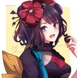Rule 34 | 1girl, :d, absurdres, blue eyes, blush, chocolate, commentary request, fate/grand order, fate (series), fur trim, hair ornament, heart-shaped food, highres, holding, katsushika hokusai (fate), long sleeves, obi, open mouth, purple hair, sash, smile, solo, tanaji, twitter username, upper body