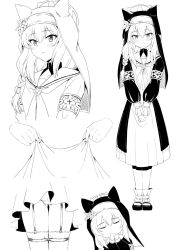 Rule 34 | 1girl, blue archive, blush, braid, clothes lift, collarbone, flower, greyscale, habit, halo, hat, hat flower, highres, lifting own clothes, long hair, looking at viewer, mari (blue archive), monochrome, nun, podi r18, sailor collar, single braid, skirt, skirt lift