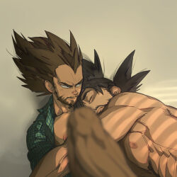 Rule 34 | 2boys, abs, afterglow, alternate facial hair, bara, beard, clothed male nude male, couple, dark-skinned male, dark skin, dragon ball, dragonball z, facial hair, feet out of frame, frown, large pectorals, looking to the side, male focus, mature male, multiple boys, muscular, muscular male, mustache, nipples, nude, open clothes, open shirt, pectorals, receding hairline, short hair, sideburns, son goku, supobi, vegeta, window shadow, yaoi