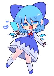 Rule 34 | 1girl, blue bow, blue dress, blue eyes, blue footwear, blue hair, blush, bow, cirno, collared shirt, detached wings, dress, fairy, fang, food, full body, hair between eyes, hair bow, heart, highres, holding, holding food, ice, ice wings, long sleeves, op na yarou, open mouth, popsicle, shirt, shoes, short hair, simple background, socks, solo, touhou, white background, white shirt, white socks, wings