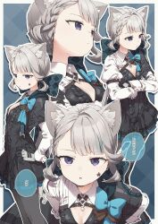 Rule 34 | 1girl, absurdres, animal ears, black gloves, black skirt, blue bow, bow, braid, breasts, cat ears, cat girl, cleavage, closed mouth, collar, facial tattoo, genshin impact, gloves, grey hair, hair bow, highres, long hair, looking at viewer, lynette (genshin impact), multiple views, parted lips, purple eyes, simple background, single braid, skirt, speech bubble, standing, star (symbol), tattoo, two-tone gloves, white collar, white gloves, yukie (kusaka shi)