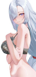 Rule 34 | 1girl, absurdres, bare shoulders, black bra, blue eyes, blush, bra, breasts, closed mouth, commentary request, from side, genshin impact, grey hair, hair over one eye, hand on own chest, highres, katagirinanoka, large breasts, long hair, looking at viewer, looking to the side, navel, one eye covered, shenhe (genshin impact), simple background, smile, solo, underwear, upper body, white background