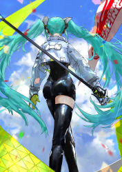 Rule 34 | 1girl, ass, banner, black thighhighs, blue hair, blue sky, bodysuit, cropped jacket, crossed legs, facing away, flag, from behind, hatsune miku, highres, holding, holding flag, jacket, kdm (ke dama), long hair, long sleeves, racing miku, racing miku (2022), single thighhigh, sky, solo, thighhighs, twintails, vocaloid, watson cross, white jacket