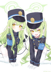 Rule 34 | 2girls, absurdres, black hat, black jacket, black tail, blue archive, clothes pull, demon tail, gloves, green hair, green halo, hair between eyes, halo, hat, highres, hikari (blue archive), jacket, long hair, long sleeves, looking at viewer, multiple girls, noko (nco029685627), nozomi (blue archive), pantyhose, pantyhose pull, peaked cap, pointy ears, siblings, sidelocks, simple background, sisters, tail, thighhighs, twins, twintails, twitter username, white background, white gloves, white thighhighs, yellow eyes
