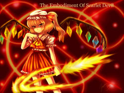 Rule 34 | 1girl, bad deviantart id, bad id, blonde hair, bonnet, bow, copyright name, dress, female focus, fire, flandre scarlet, hakimo, hakimo(artist), hat, highres, one side up, red eyes, ribbon, short hair, side ponytail, skirt, solo, touhou, wallpaper, wings