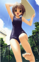 Rule 34 | 1girl, :d, amatsume akira, antenna hair, armpits, barefoot, brown eyes, brown hair, feet, flat chest, foreshortening, from below, hashimoto takashi, highres, image sample, kickboard, one-piece swimsuit, open mouth, foot focus, school swimsuit, short hair, smile, soles, solo, orb, swimsuit, toes, wet, yosuga no sora