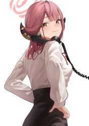 Rule 34 | 1girl, aru (blue archive), bad id, bad twitter id, blue archive, collared shirt, halo, hand on own hip, highres, horns, neck ribbon, phone, pink hair, ribbon, shirt, shirt tucked in, simple background, smug, solo, suketoudara (artist), white background, white shirt