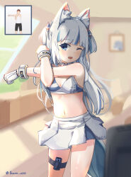 Rule 34 | 1girl, 8 nana usagi, animal ears, blue archive, blue eyes, blue hair, blue shirt, blunt bangs, breasts, cat ears, cheerleader, cleavage, fins, fish tail, gawr gura, gloves, grey hair, hair ornament, halterneck, highres, hololive, hololive english, looking at viewer, midriff, millennium cheerleader outfit (blue archive), miniskirt, multicolored hair, navel, one eye closed, open mouth, ring fit adventure, shark girl, shark hair ornament, shark tail, sharp teeth, shirt, single glove, skirt, sleeveless, sleeveless shirt, small breasts, solo, streaked hair, stretching, tail, teeth, thigh strap, two-tone shirt, two side up, upper teeth only, virtual youtuber, white gloves, white skirt