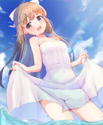 Rule 34 | 1girl, absurdres, bare shoulders, blue sky, blunt bangs, blush, bow, breasts, brown eyes, brown hair, clothes lift, cloud, collarbone, cow, day, dot nose, dress, hair bow, hair ribbon, hands up, highres, idolmaster, idolmaster cinderella girls, idolmaster cinderella girls starlight stage, lens flare, long hair, looking at viewer, mouchi (mouchimochi), open mouth, ponytail, ribbon, skirt, skirt lift, sky, sleeveless, sleeveless dress, small breasts, smile, solo, sunlight, very long hair, wading, water, white dress, white ribbon, yorita yoshino