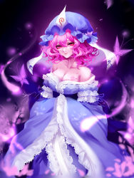 Rule 34 | 1girl, absurdres, arm garter, artist name, bad id, bad pixiv id, bare shoulders, black background, blue hat, blue kimono, breasts, bug, butterfly, cleavage, collarbone, frills, glowing, hair between eyes, hat, highres, hitodama, insect, japanese clothes, kimono, large breasts, lips, long sleeves, looking at viewer, mob cap, off shoulder, petals, pink eyes, pink hair, purple background, saigyouji yuyuko, sheya, short hair, signature, sleeves past fingers, sleeves past wrists, smile, solo, touhou, triangular headpiece, wavy hair, wide sleeves