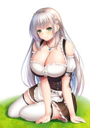 Rule 34 | 1girl, apron, bare shoulders, blunt bangs, breasts, cleavage, closed mouth, cloud, commentary, detached sleeves, dirndl, flower, german clothes, grass, hair flower, hair ornament, highres, hololive, large breasts, long hair, looking at viewer, puffy short sleeves, puffy sleeves, shirogane noel, shirogane noel (dirndl), shirt, short sleeves, sitting, smile, solo, thighhighs, virtual youtuber, waist apron, white apron, white background, white shirt, white thighhighs, yuunagi (0217), zettai ryouiki