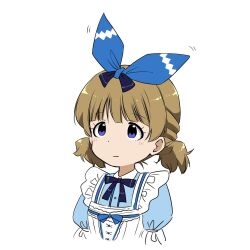 Rule 34 | 1girl, blue bow, blue bowtie, blue dress, blue eyes, blue ribbon, bow, bowtie, brown hair, closed mouth, dot nose, dress, expressionless, flat chest, frilled dress, frills, hair ribbon, highres, idolmaster, idolmaster million live!, idolmaster million live! theater days, light blush, looking ahead, matcha kingyo, official alternate costume, official alternate hairstyle, puffy short sleeves, puffy sleeves, ribbon, short hair, short sleeves, short twintails, solo, suou momoko, twintails, upper body, white background
