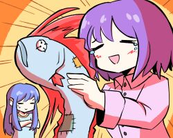 Rule 34 | &gt; &lt;, blue hair, blue shirt, blush, button eyes, buttons, emphasis lines, fish, happy tears, highres, hinanawi tenshi, holding, holding stuffed toy, nagae iku, oarfish, oysterfried, pink shirt, purple hair, shirt, smile, stuffed animal, stuffed toy, sweatdrop, t-shirt, tears, touhou, yellow background
