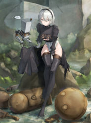 Rule 34 | 1girl, 2b (nier:automata), aqua eyes, arm support, ayami (user gywv2483), boots, breasts, cleavage, closed mouth, clothing cutout, commentary, feather trim, floating, full body, gloves, hair ornament, hairband, heattech leotard, highleg, highleg leotard, highres, leotard, long sleeves, medium breasts, mole, mole under mouth, nier:automata, nier (series), outdoors, pod (nier:automata), puffy sleeves, robot, short hair, simple background, sitting, skirt, thigh boots, thighhighs, torn clothes, torn skirt, turtleneck, white hair