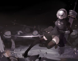 Rule 34 | 1girl, android, black dress, black thighhighs, blindfold, boots, breasts, broken (7589468), cleavage, closed mouth, copyright name, dress, female focus, gloves, highres, holding, holding sword, holding weapon, katana, knee boots, monster, nier:automata, nier (series), short dress, short hair, silver hair, solo, sword, text focus, thighhighs, thighhighs under boots, weapon, 2b (nier:automata)
