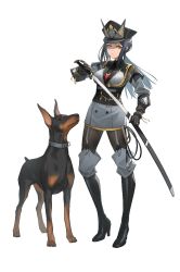 Rule 34 | 1girl, animal, arknights, black footwear, black gloves, black pantyhose, boots, breasts, commentary request, dobermann, dobermann (arknights), dog, drawing sword, full body, garter straps, gloves, hat, high heel boots, high heels, holding, holding sword, holding weapon, jacket, long hair, long sleeves, looking at viewer, medium breasts, military, military hat, military uniform, official alternate costume, pantyhose, redi 77, saber (weapon), scabbard, sheath, silver hair, simple background, solo, sword, uniform, weapon, white background, yellow eyes