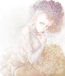 Rule 34 | 1girl, bad id, bad pixiv id, bouquet, commentary request, dress, flower, grey eyes, grey hair, hair flower, hair ornament, hand on own chin, highres, hydrangea, mizutame tori, muted color, original, solo