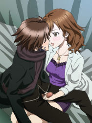 Rule 34 | 10s, 1boy, 1girl, blush, brown eyes, brown hair, censored, chf, earrings, erection, closed eyes, guilty crown, handjob, hetero, imminent kiss, incest, jewelry, kiss, lab coat, lap, long hair, mother and son, necklace, open mouth, ouma haruka, ouma shuu, penis, saliva, scarf, sitting