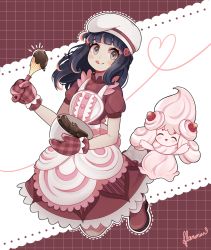 Rule 34 | 1girl, alcremie, alcremie (strawberry sweet), black hair, blush, chef hat, chocolate, commentary, creatures (company), dawn (palentine&#039;s 2021) (pokemon), dawn (pokemon), dress, eyelashes, flanmiu, game freak, gen 8 pokemon, grey eyes, hat, heart, highres, holding, holding whisk, mittens, mixing bowl, multicolored hair, nintendo, official alternate costume, orange hair, oven mitts, pokemon, pokemon (creature), pokemon masters ex, red dress, red mittens, shoes, short sleeves, signature, smile, streaked hair, tongue, tongue out, whisk, white headwear