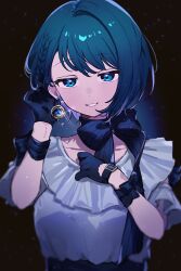 Rule 34 | 1girl, black background, black bow, blue eyes, blue hair, blush, bow, bowtie, braid, commentary, detached sleeves, earrings, highres, jewelry, kiritani haruka, looking at viewer, parted lips, project sekai, shirt, short hair, short sleeves, single earring, smile, solo, uminokaisen, upper body, white shirt, wrist bow