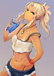 Rule 34 | 1girl, blonde hair, cup, dark-skinned female, dark skin, drinking, drinking straw, eyebrows hidden by hair, fate/apocrypha, fate/grand order, fate (series), from side, green eyes, grey background, hairband, holding, jikihatiman, long hair, looking at viewer, mordred (fate), mordred (fate/apocrypha), mordred (memories at trifas) (fate), ponytail, shorts, simple background, solo, vest