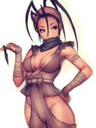 Rule 34 | 1girl, black hair, breasts, capcom, fumio (rsqkr), hair slicked back, hip vent, ibuki (street fighter), kunai, large breasts, ninja, scarf, solo, street fighter, street fighter iii (series), weapon