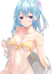 Rule 34 | 1girl, bang dream!, bikini, bikini top only, blue hair, blush, bottomless, breasts, closed mouth, collarbone, commentary request, eyelashes, flower, groin, hair between eyes, hair flower, hair ornament, highres, light blue hair, long hair, looking at viewer, matsubara kanon, medium breasts, navel, off-shoulder shirt, off shoulder, one side up, open clothes, open shirt, out-of-frame censoring, purple eyes, shirt, sidelocks, simple background, solo, swimsuit, tomura2maru, untied bikini, upper body, white background, white shirt, yellow bikini