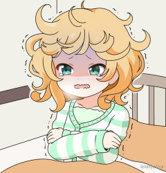 Rule 34 | 1girl, bed, blonde hair, breath, cold, collarbone, commentary request, gochuumon wa usagi desu ka?, green eyes, green shirt, jacket, kirima syaro, long sleeves, messy hair, mitya, open mouth, pajamas, pillow, shirt, sleeves past wrists, solo, striped clothes, striped jacket, tears, trembling, turn pale, under covers, wavy mouth