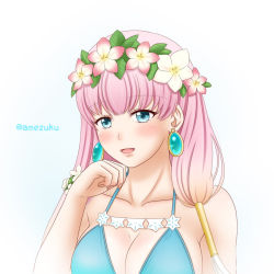 Rule 34 | 1girl, :d, amezuku, bikini, blue bikini, blue eyes, blush, breasts, cleavage, collarbone, commentary request, earrings, fire emblem, fire emblem heroes, flower, gunnthra (fire emblem), hair flower, hair ornament, hair over shoulder, hair tubes, hand up, jewelry, large breasts, long hair, low twintails, nintendo, open mouth, pink flower, pink hair, smile, solo, swimsuit, twintails, twitter username, upper body, white flower