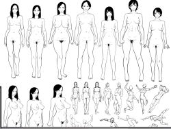 Rule 34 | 6+girls, arms behind head, arms up, bad id, bad twitter id, black eyes, black hair, breasts, breasts apart, cleavage, clenched hands, closed eyes, commentary request, female focus, female pubic hair, frown, full body, futoshi slim, greyscale, large breasts, legs, long hair, looking at viewer, medium breasts, moderate pubic hair, monochrome, multiple girls, multiple views, navel, nipples, nude, original, pubic hair, pussy, short hair, sketch, small breasts, smile, standing, white background