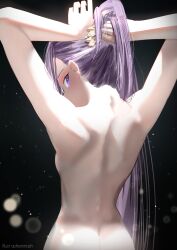 Rule 34 | 1girl, absurdres, ass, back, back focus, black background, breasts, completely nude, cyrilashnmsh, fate/extra, fate/extra ccc, fate (series), highres, long hair, meltryllis (fate), nude, ponytail, purple eyes, purple hair, scrunchie, shoulder blades, simple background, small breasts, solo, standing, tying hair, upper body, yellow scrunchie